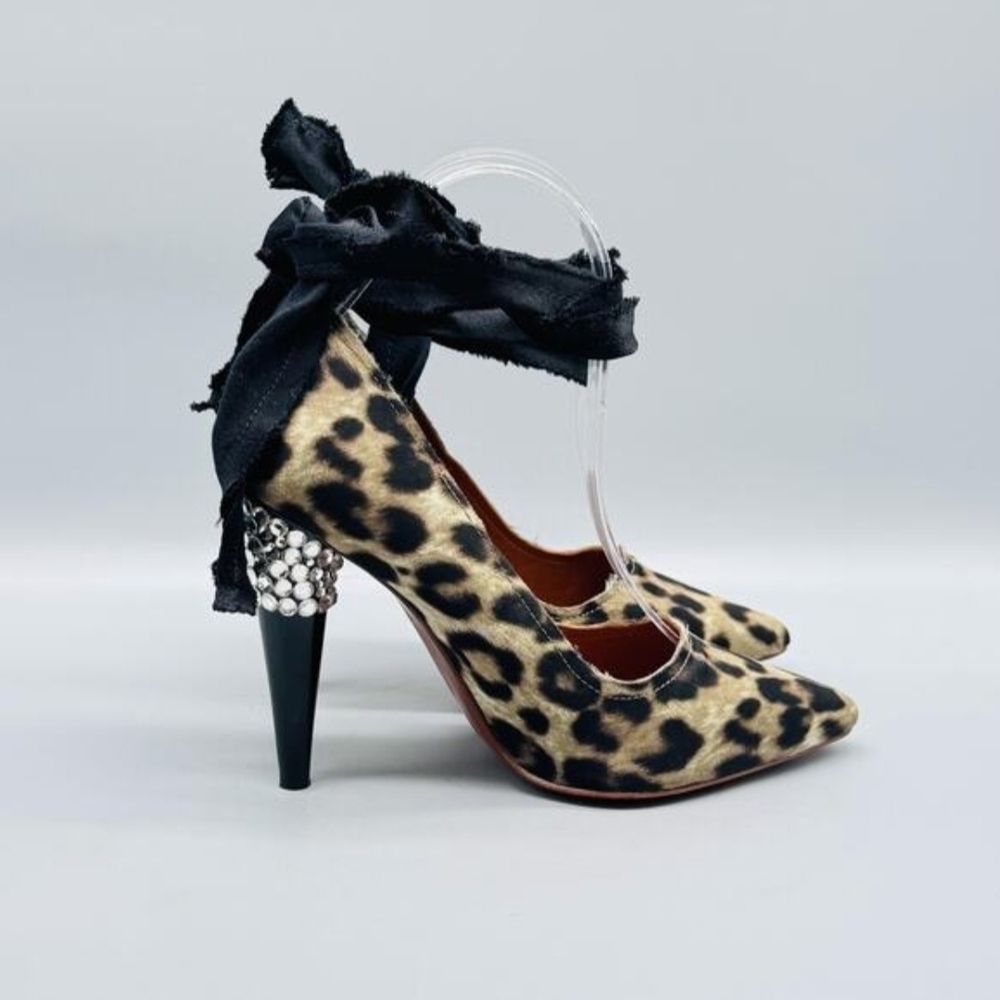 Lanvin x H&M Leopard Print Rhinestone Ribbon Wrap Heels - Size 5 / EUR 36